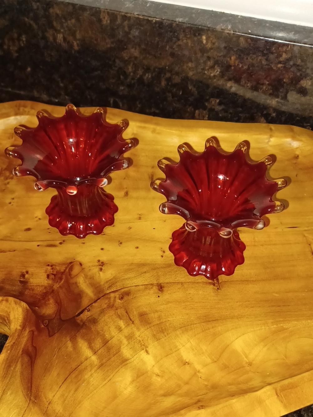 Vintage Pair Fostoria Heirloom Ruby Red Handkerchief Candle Holders Mid Century